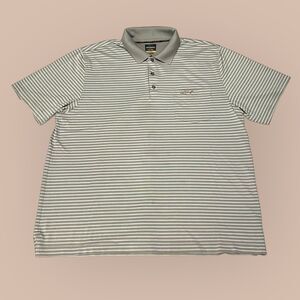 Greg Norman Shark Tan Striped Short Sleeve Polo Golf Shirt Mens Size XL